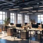 Oficina moderna con mesas de trabajo y tecnología avanzada, ideal para startups en desarrollo