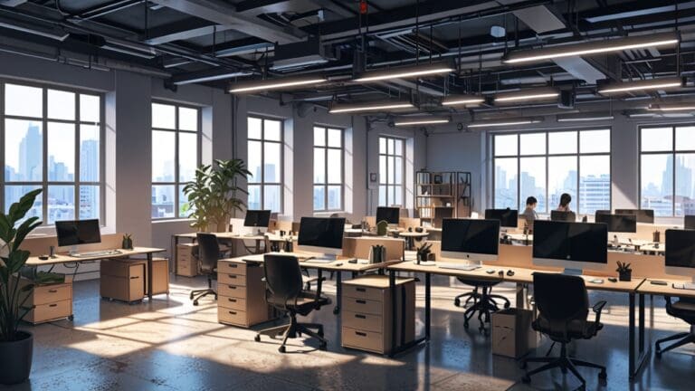 Oficina moderna con mesas de trabajo y tecnología avanzada, ideal para startups en desarrollo