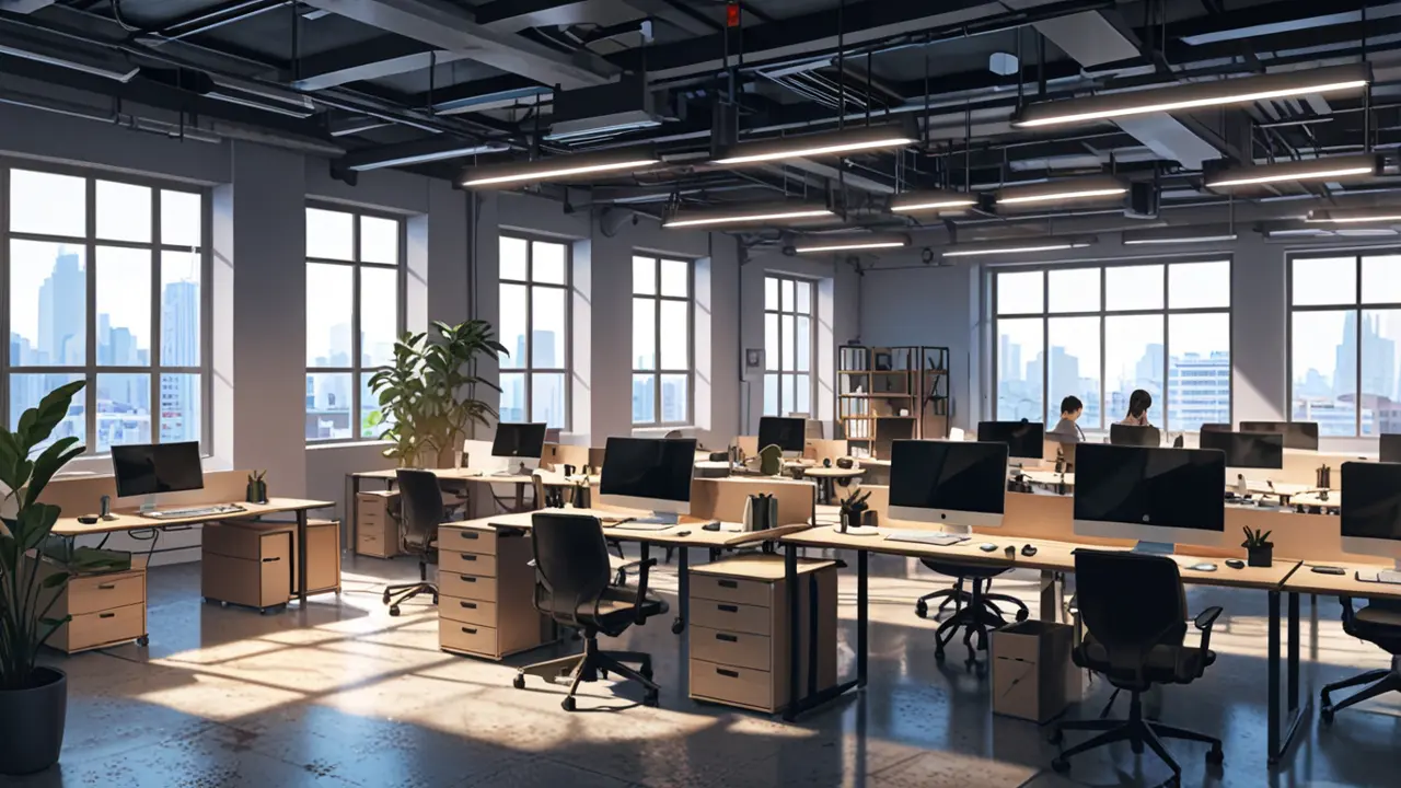 Oficina moderna con mesas de trabajo y tecnología avanzada, ideal para startups en desarrollo