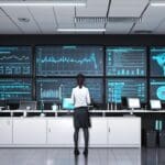 Oficina moderna con computadoras y pantallas analizando datos de inteligencia artificial