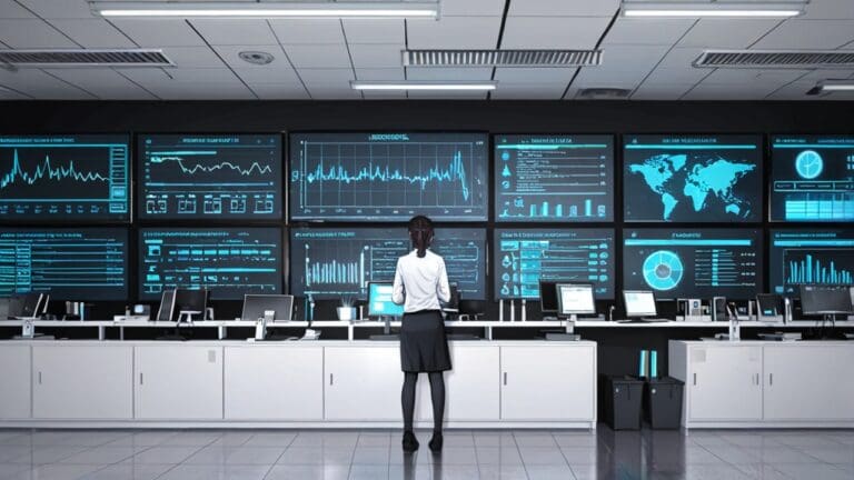 Oficina moderna con computadoras y pantallas analizando datos de inteligencia artificial