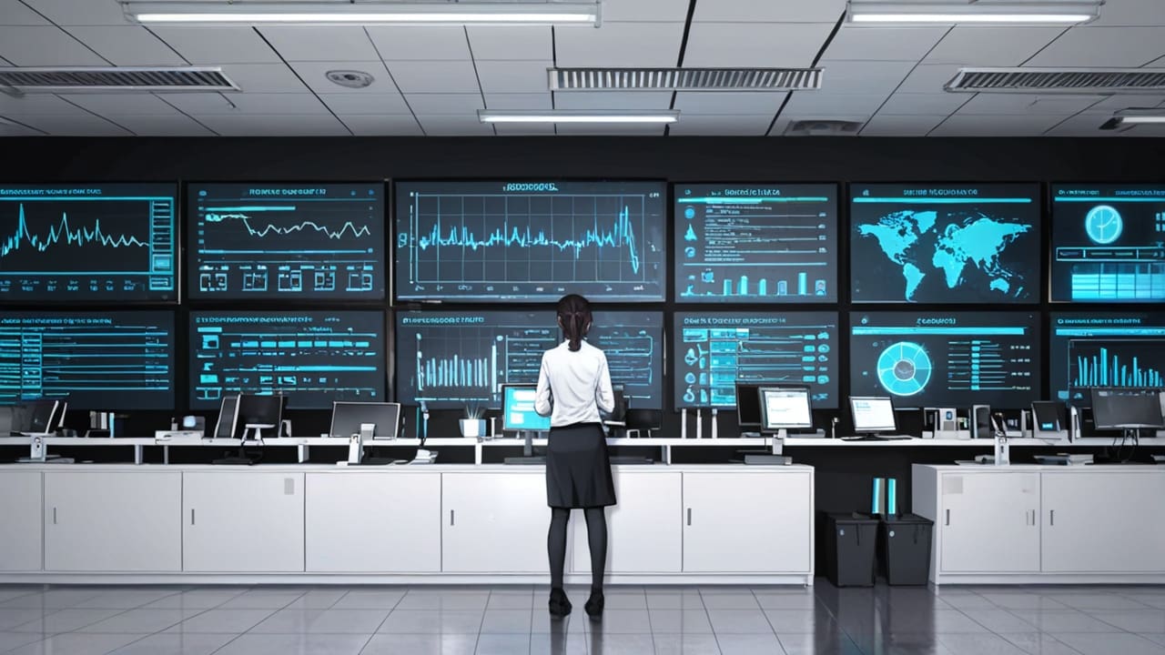 Oficina moderna con computadoras y pantallas analizando datos de inteligencia artificial