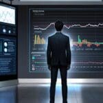 Oficina moderna de tecnología con pantallas que muestran inteligencia artificial en acción y gráficos de datos.