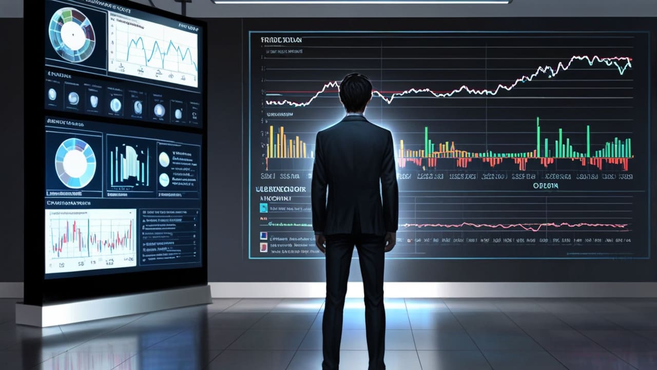 Oficina moderna de tecnología con pantallas que muestran inteligencia artificial en acción y gráficos de datos.