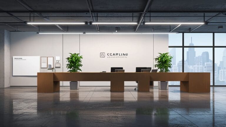 Oficina moderna minimalista con decoraciones tecnológicas en un entorno urbano