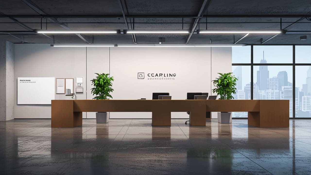 Oficina moderna minimalista con decoraciones tecnológicas en un entorno urbano