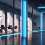 Oficinas modernas y tecnológicas con iluminación natural y pantallas digitales