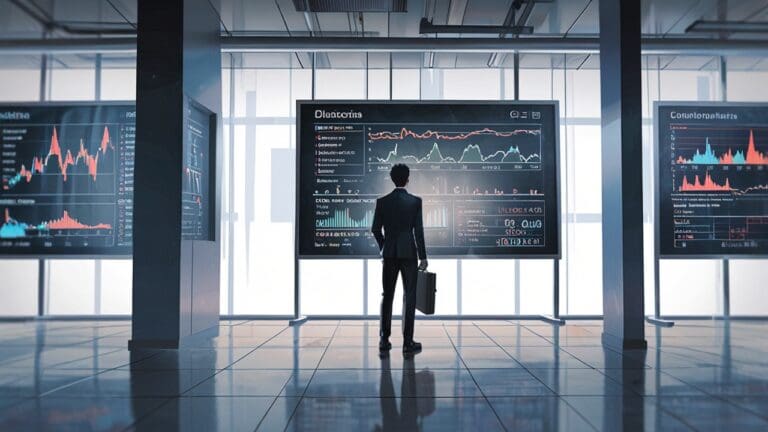 Oficinas modernas con pantallas mostrando análisis de datos tecnológicos en un entorno colaborativo.