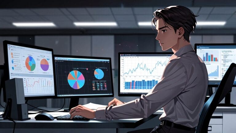 Joven empresario en oficina moderna, con computadoras y gráficos de datos en pantallas