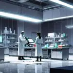 Laboratorio futurista con investigadores trabajando en tecnología biotecnológica avanzada