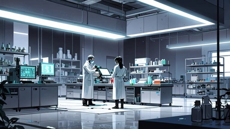 Laboratorio futurista con investigadores trabajando en tecnología biotecnológica avanzada