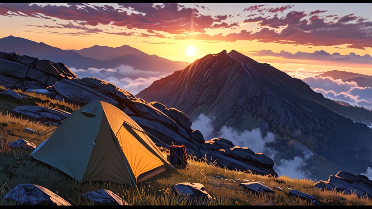 Paisaje montañoso con senderos y equipos de aventura listos para explorar al amanecer