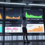 Oficina moderna con pantallas digitales mostrando estadísticas de crecimiento financiero