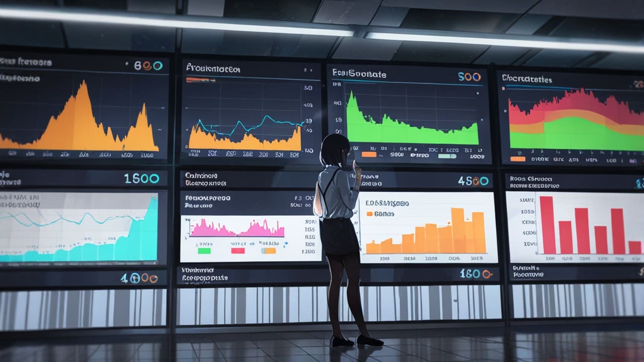 Oficina moderna con pantallas digitales mostrando estadísticas de crecimiento financiero