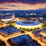 Vista panorámica de un moderno centro de innovación tecnológica en Córdoba al atardecer