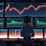 Oficina moderna con gráficos de criptomonedas en pantallas de ordenador