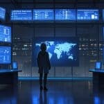 Centro de datos futurista con luces LED azules y pantallas de monitoreo de ciberseguridad.