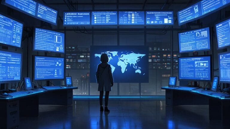 Centro de datos futurista con luces LED azules y pantallas de monitoreo de ciberseguridad.