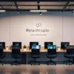 Oficinas modernas de una startup de tecnología con dispositivos móviles en exhibición