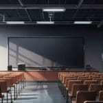 Sala de conferencias moderna con gráficos de tecnología y plásticos innovadores en las pantallas