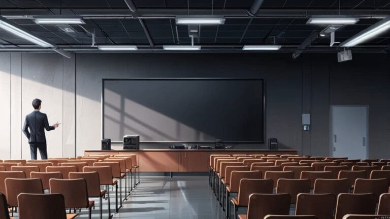 Sala de conferencias moderna con gráficos de tecnología y plásticos innovadores en las pantallas