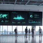 Oficinas modernas de tecnología con pantalla digital mostrando inteligencia artificial