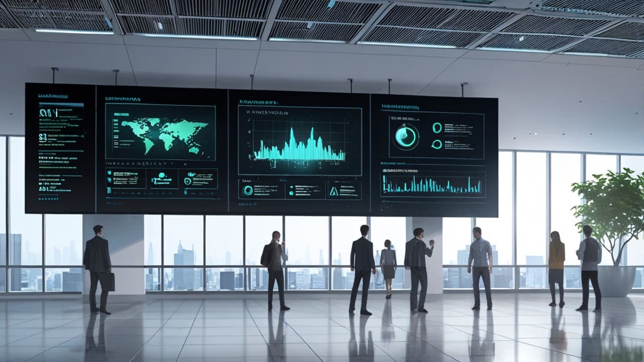 Oficinas modernas de tecnología con pantalla digital mostrando inteligencia artificial