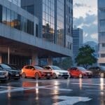 Autos en un estacionamiento de subastas con un paisaje urbano de fondo