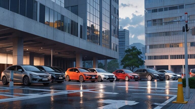 Autos en un estacionamiento de subastas con un paisaje urbano de fondo