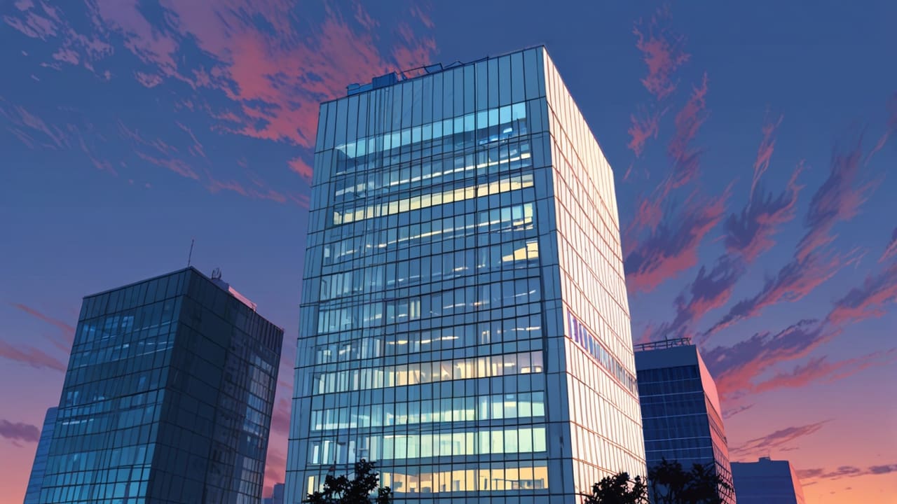 Edificio corporativo moderno iluminado durante el amanecer, con un fondo de cielo despejado.