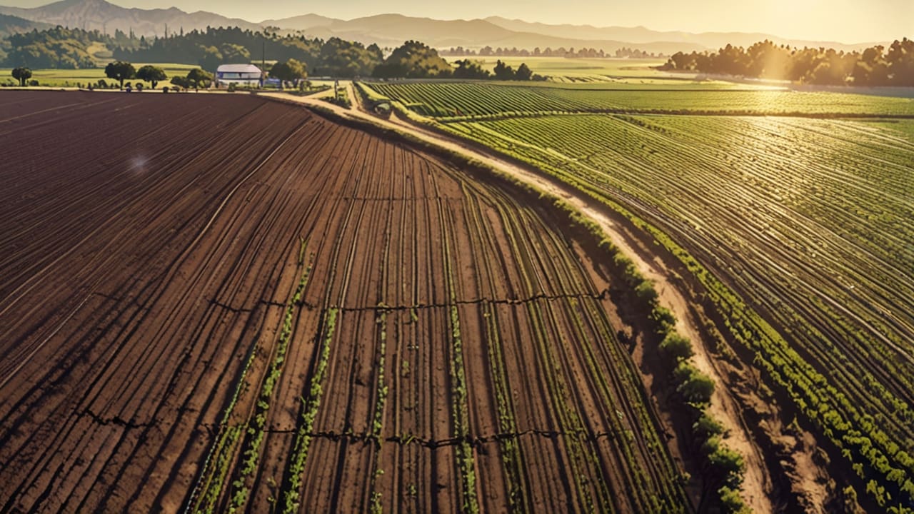 Campo agrícola de California con sistema de riego por goteo visto desde arriba