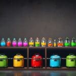 Un estante moderno con diversas bombonas de gas de diferentes colores y tamaños