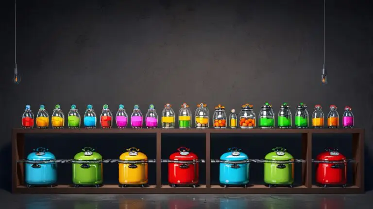 Un estante moderno con diversas bombonas de gas de diferentes colores y tamaños