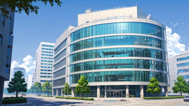 Edificio moderno de oficinas tecnológicas con árboles al fondo en un día soleado