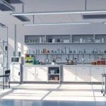 Interior moderno y minimalista de un laboratorio de biotecnología con equipos avanzados