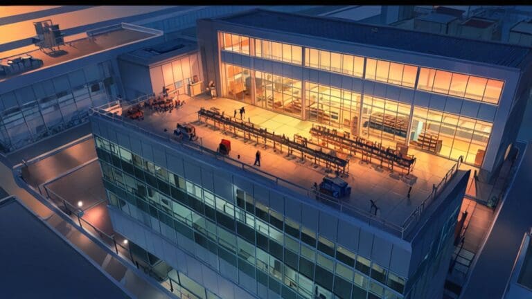 Vista aérea de un moderno complejo empresarial tecnológico al amanecer.