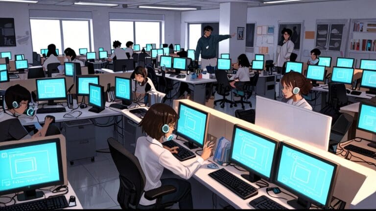 Oficina moderna con un grupo de jóvenes trabajando en proyectos tecnológicos en sus computadoras, mostrando un ambiente colaborativo y dinámico.