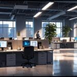 Oficinas modernas de tecnología con computadoras y emprendedores trabajando en proyectos