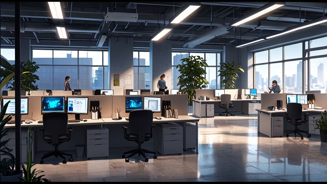 Oficinas modernas de tecnología con computadoras y emprendedores trabajando en proyectos