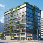 Edificio moderno de una startup tecnológica rodeado de naturaleza urbana.