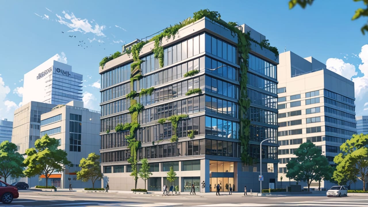 Edificio moderno de una startup tecnológica rodeado de naturaleza urbana.