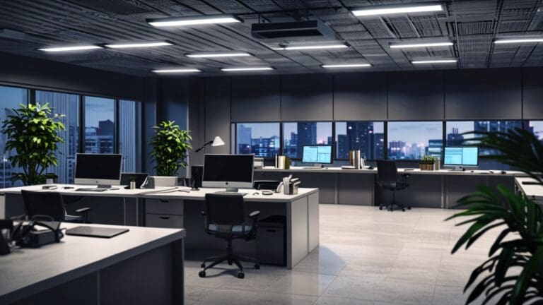 Oficina moderna con equipos tecnológicos y escritorios ordenados al amanecer