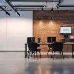 Oficinas modernas de una startup tecnológica con laptops y pantallas en funcionamiento