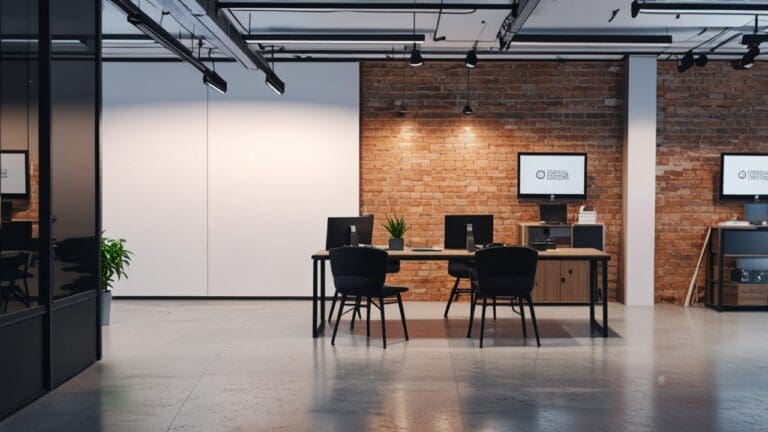 Oficinas modernas de una startup tecnológica con laptops y pantallas en funcionamiento