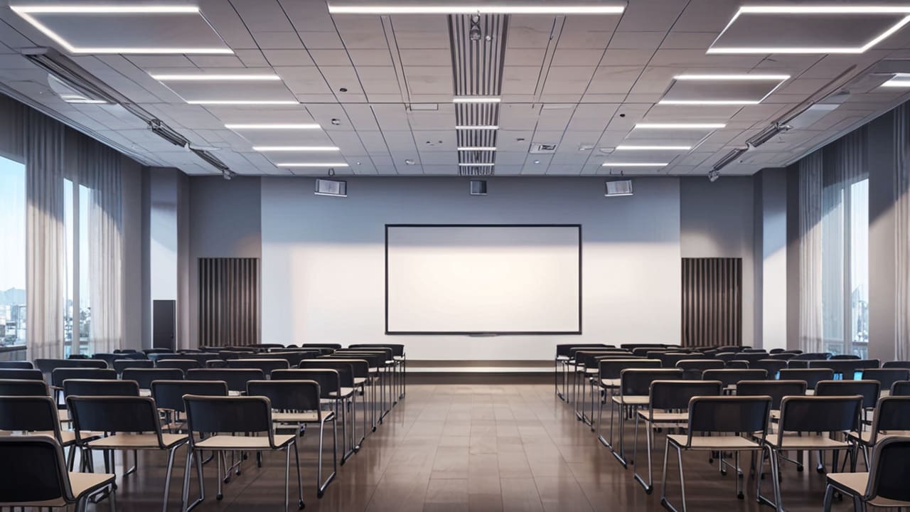 Sala de conferencias moderna con elementos tecnológicos en un edificio corporativo.
