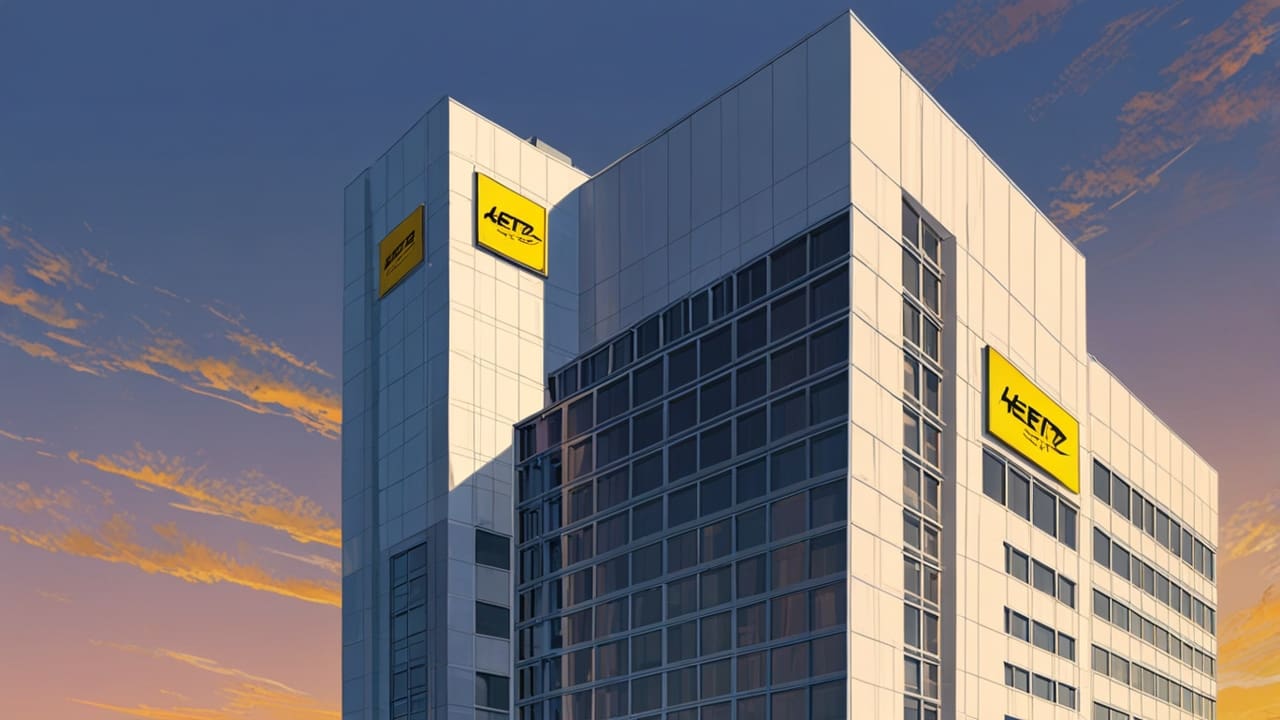 Fachada moderna de un edificio de tecnología con el logotipo de Hertz en el horizonte al amanecer