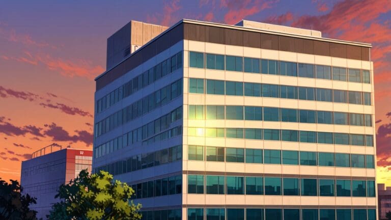 Vista aérea de un moderno edificio corporativo en un entorno urbano al atardecer