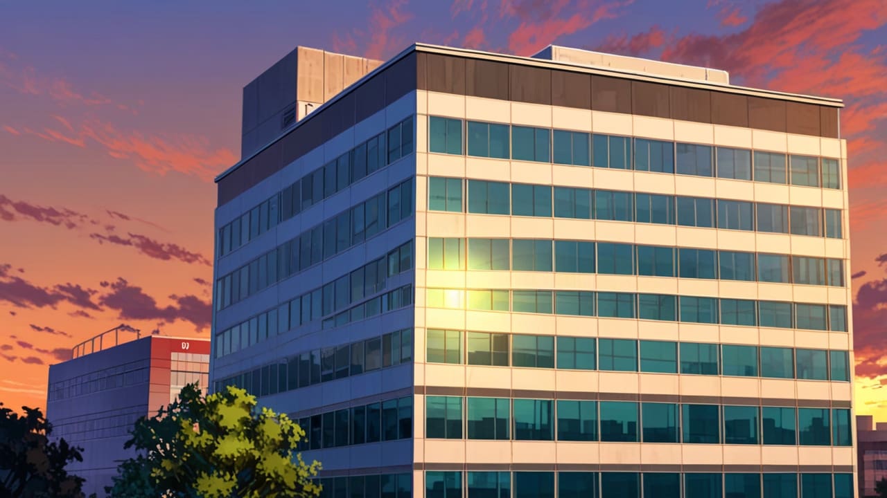 Vista aérea de un moderno edificio corporativo en un entorno urbano al atardecer