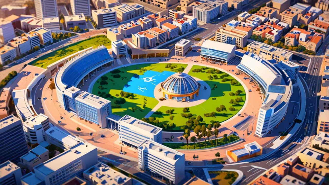 Vista aérea del centro de innovación de Valencia con edificios tecnológicos