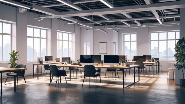 Espacio de coworking moderno con equipos de alta tecnología y decoración minimalista